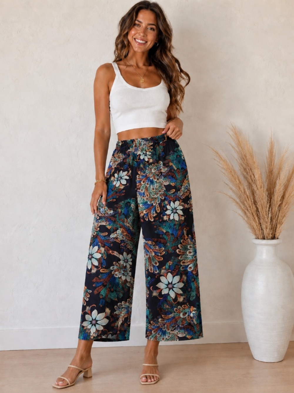 Wide Leg Palazzo Pants Navy Floral Print Elastic Waist Boho S/M Flowy NWOT